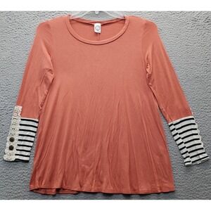 Sun & Moon Tunic Top Womens Orange Sleeve Lace Button Detail Round Neck Pullover
